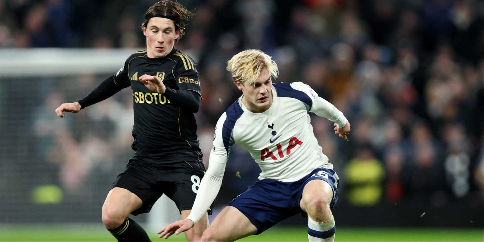 Tottenham Hotspur's Lucas Bergvall dribbling with Fulham's Harry Wilson.