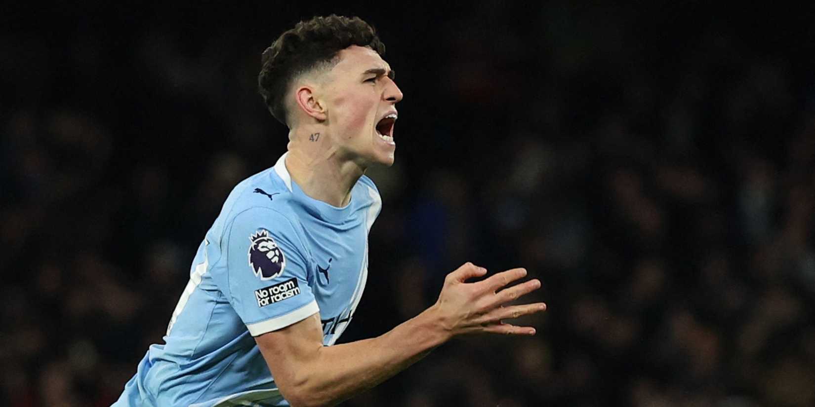 Phil Foden celebrating after scoring for Manchester City against Leeds United in the Premier League