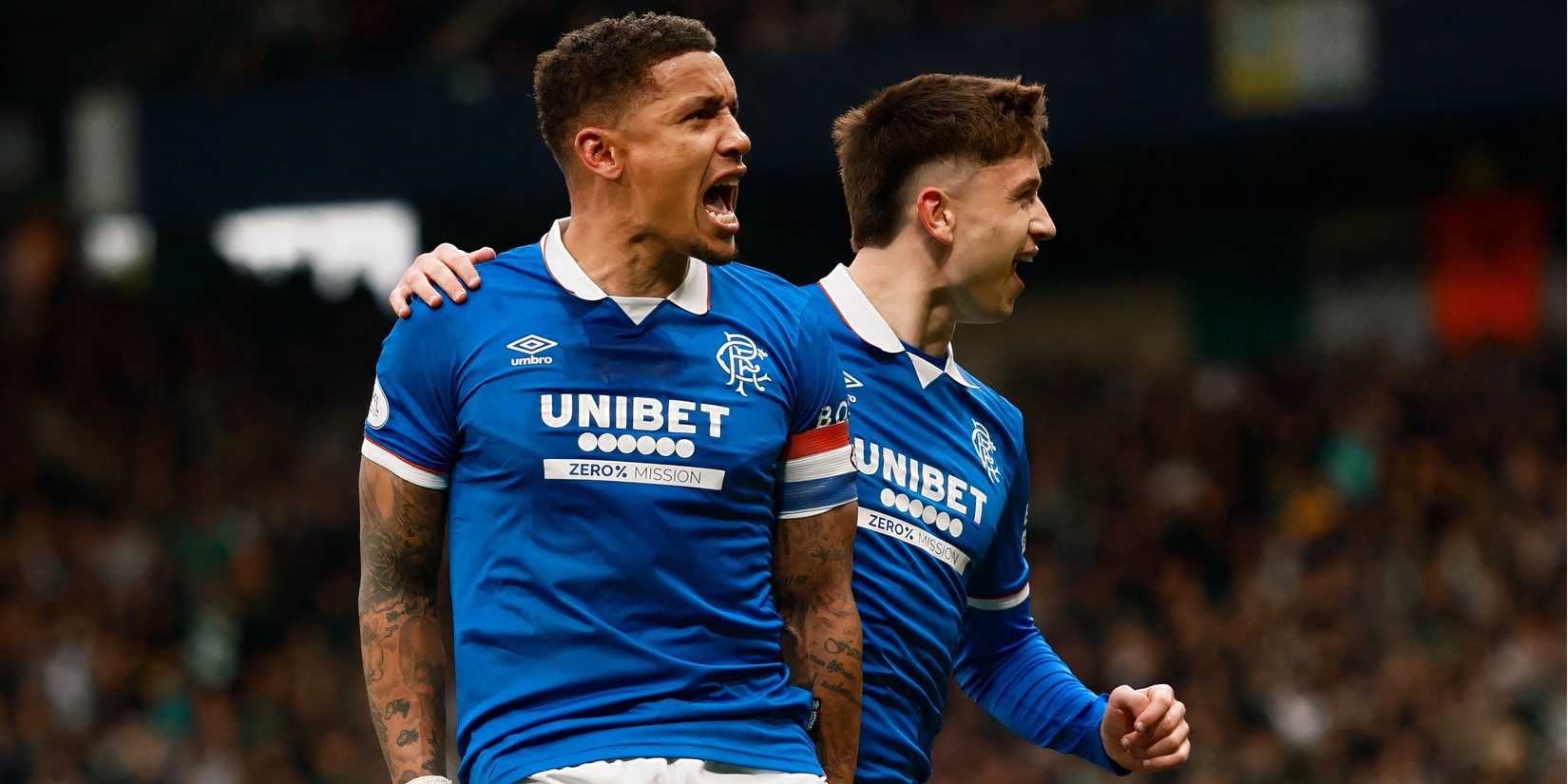 James Tavernier and Mikey Moore celebrate for Rangers