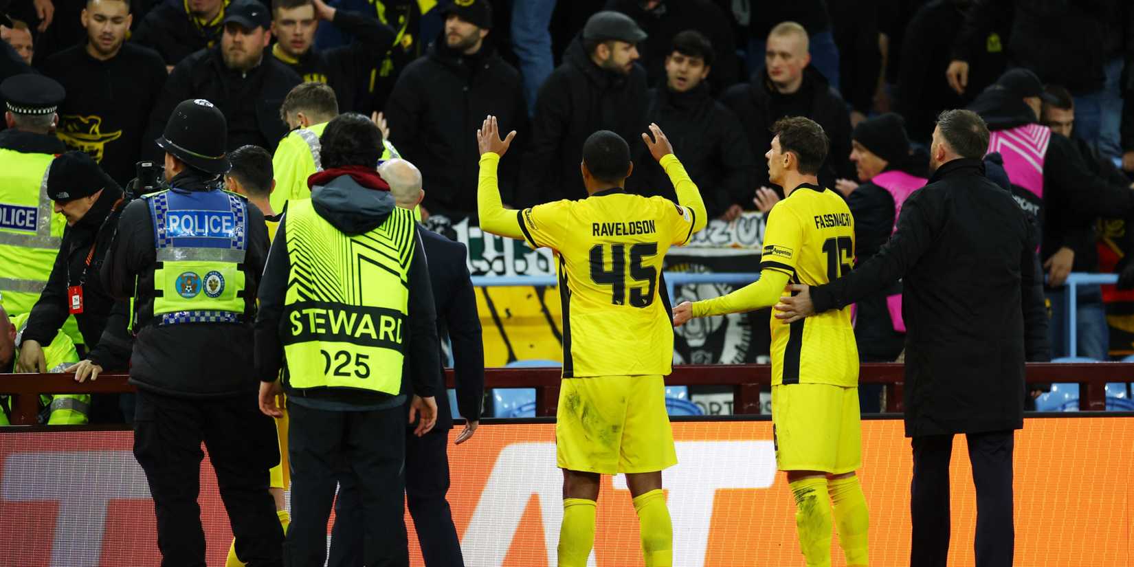 Young Boys players arguing with fans during their UEFA Europa League match against Aston Villa