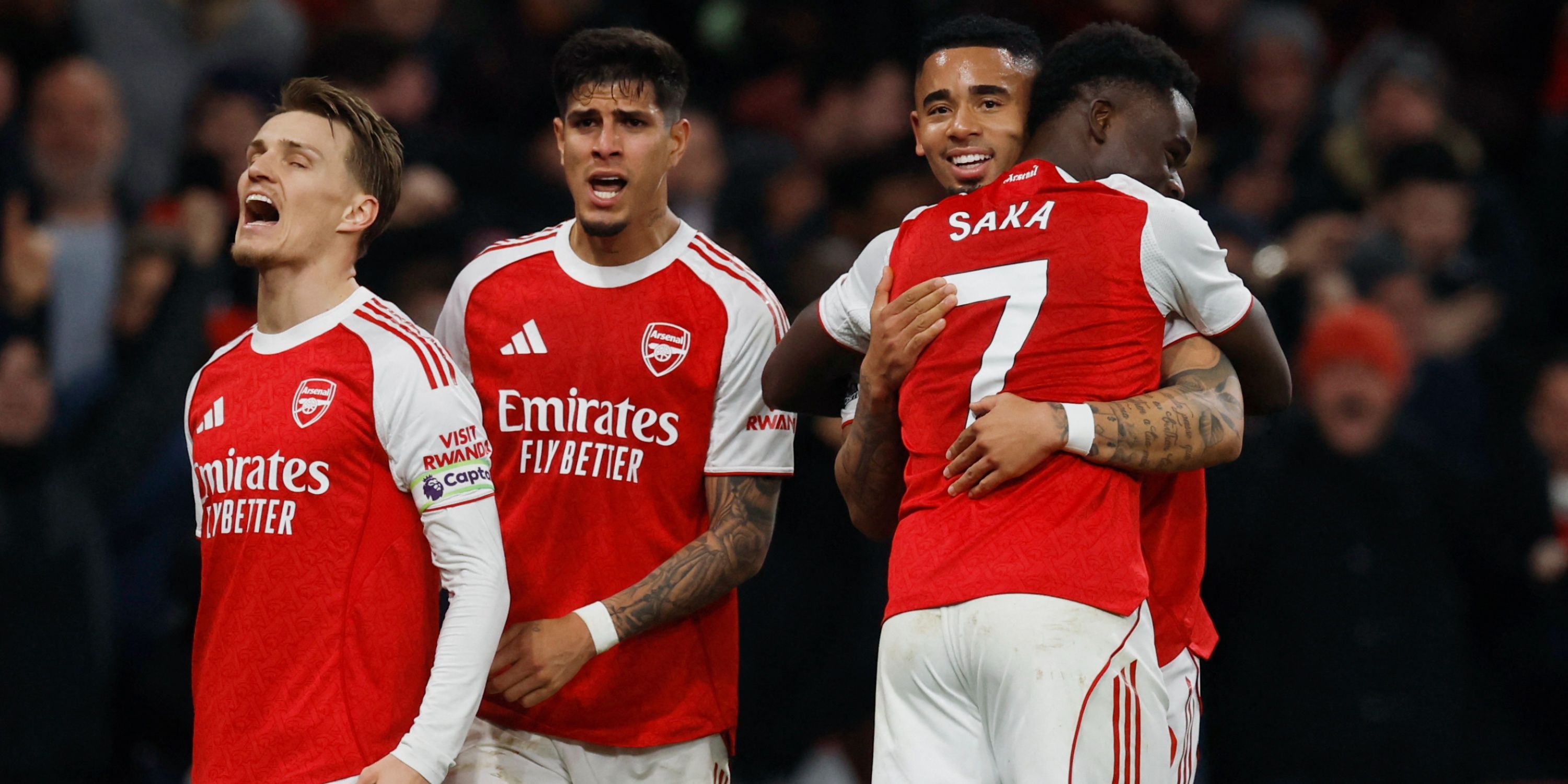 Arsenal players celebrating after scoring against Wolves in the Premier League