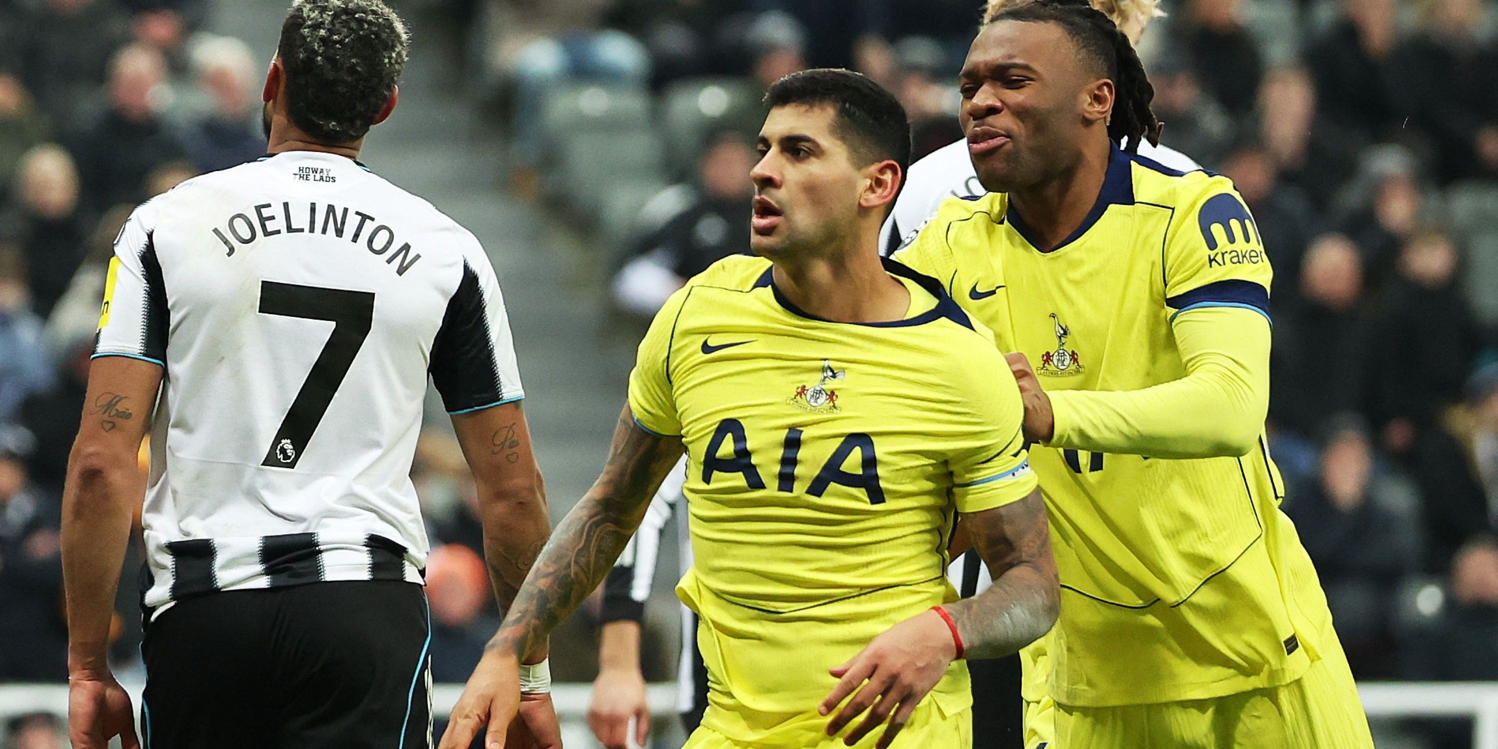 Cristian Romero celebrating after scoring against Newcastle in the Premier League