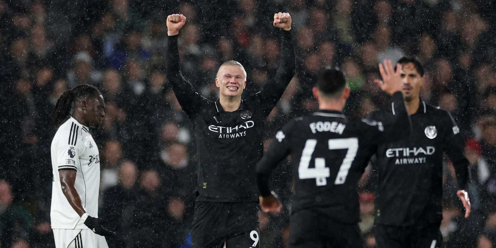 Manchester City's Erling Haaland celebrates with Phil Foden and Tijjani Reijnders