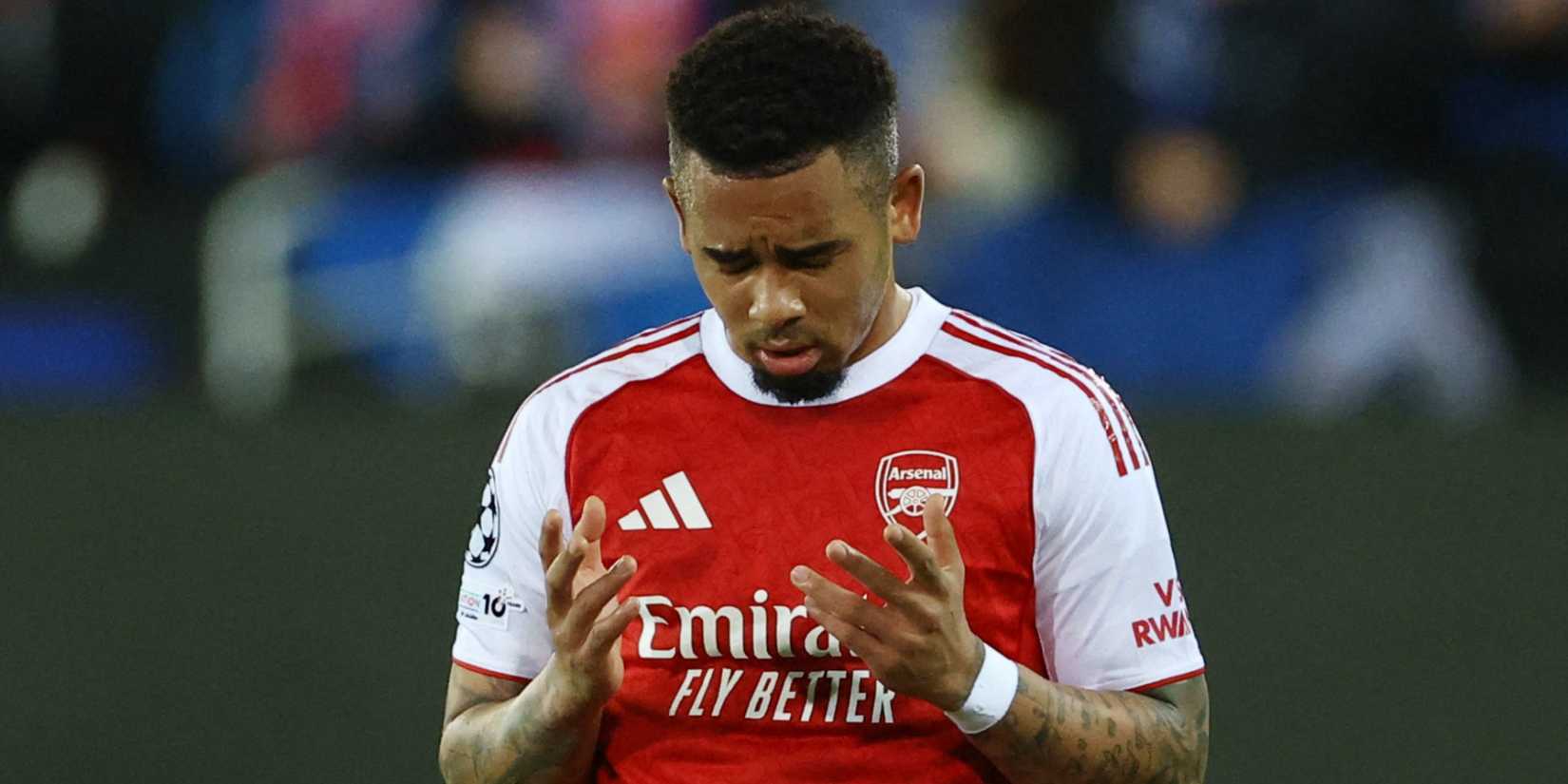 Arsenal's Gabriel Jesus reacts vs Club Brugge