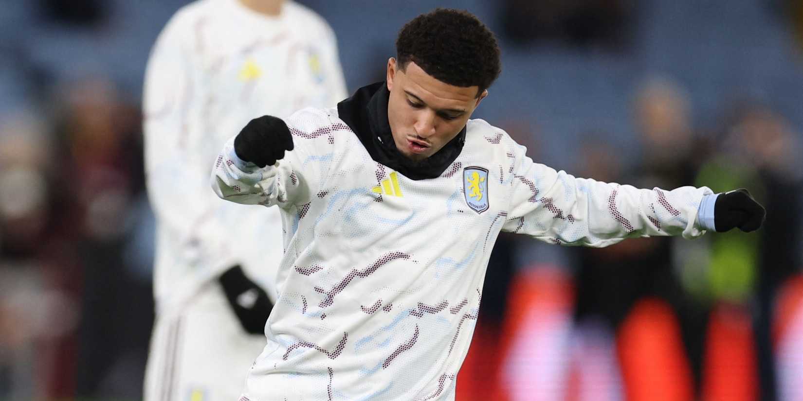 Aston Villa's Jadon Sancho shoots during the warm up.