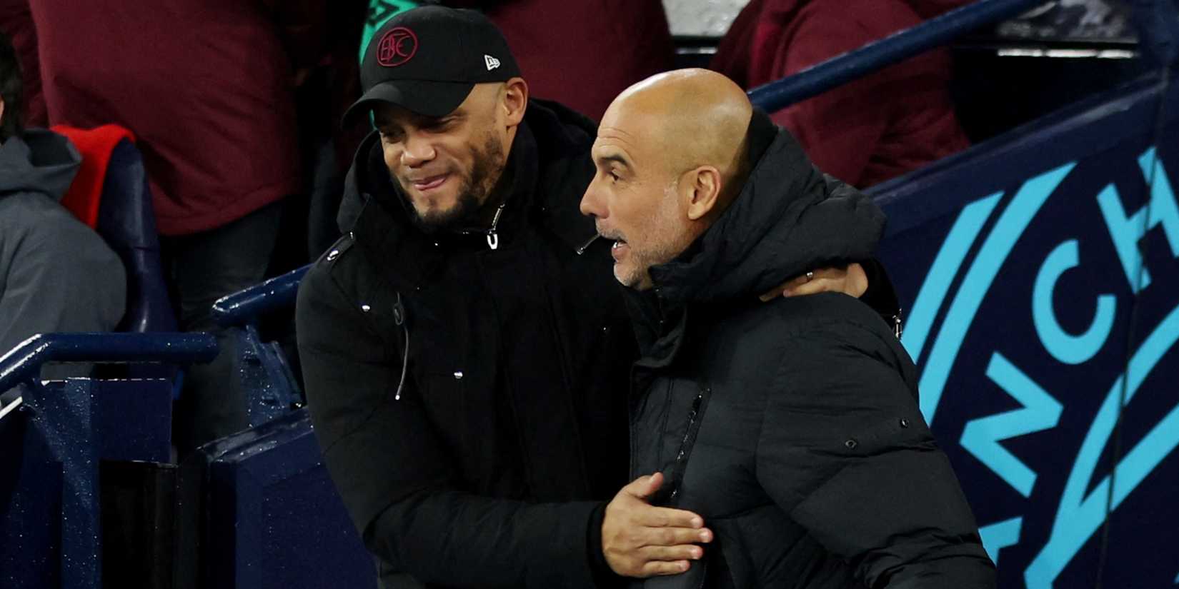 Burnley manager Vincent Kompany and Manchester City manager Pep Guardiola greet each other.