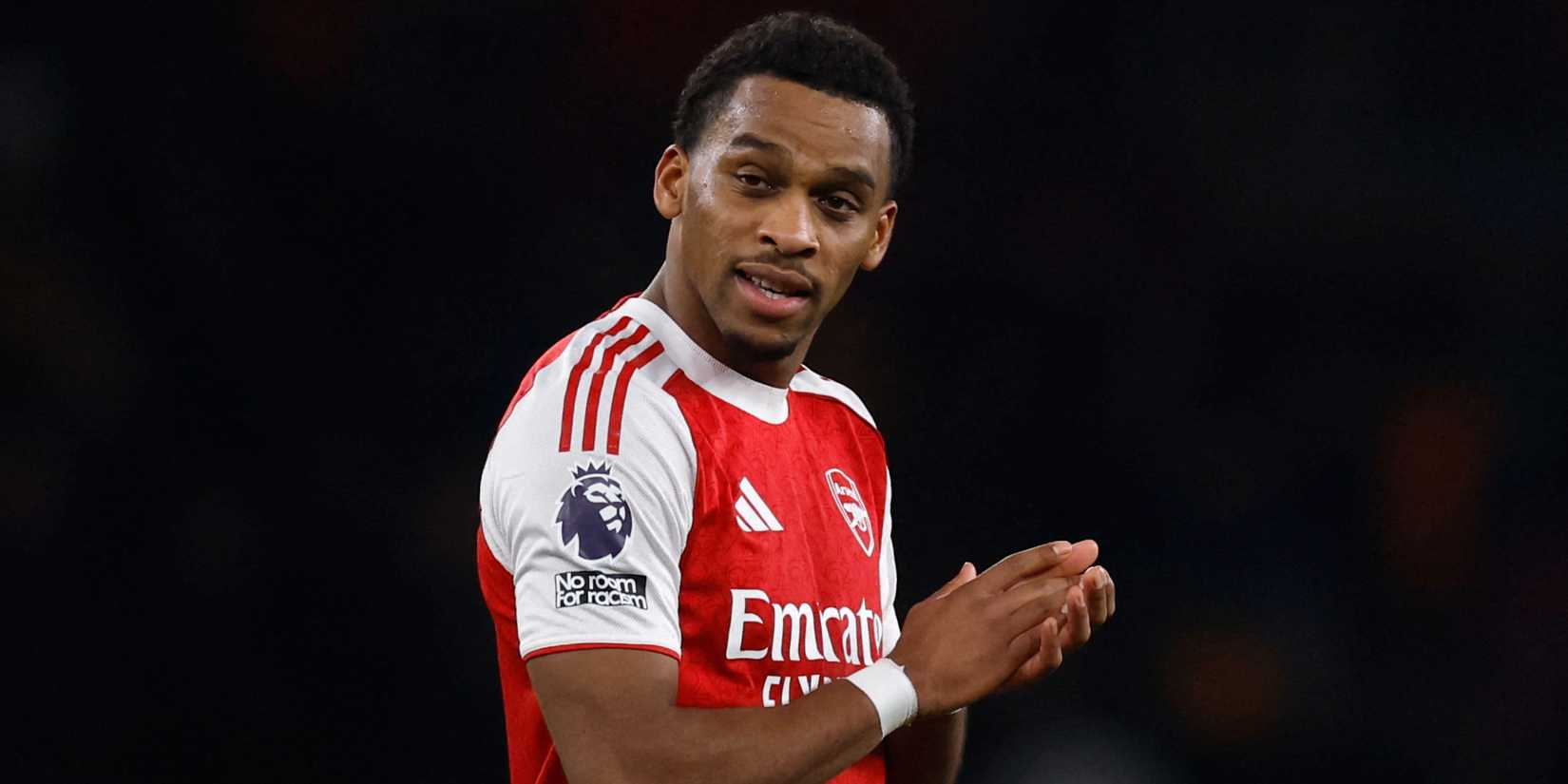 Arsenal's Jurrien Timber applauds.
