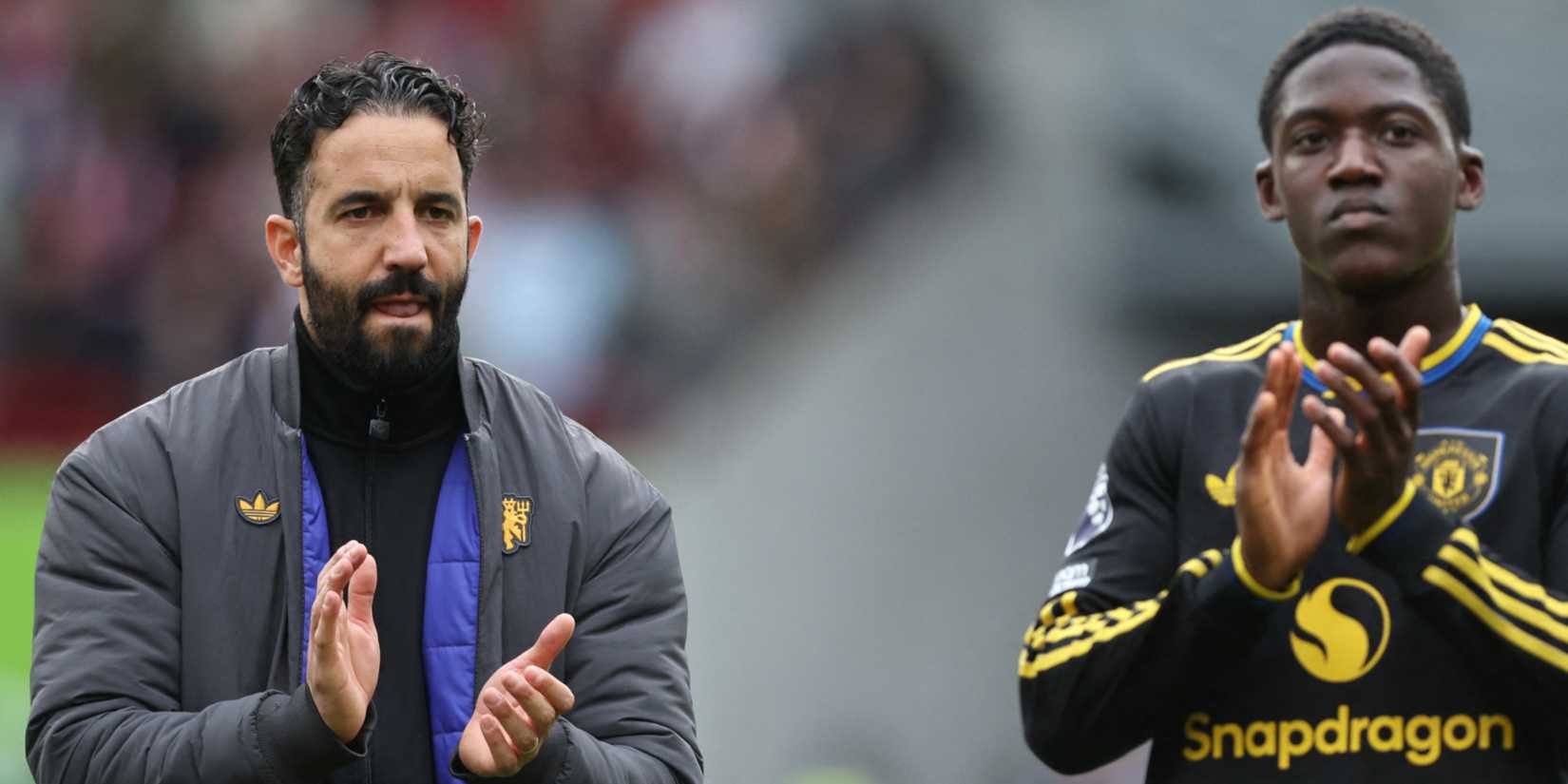 Manchester United manager Ruben Amorim looks dejected after the Brentford match with Kobbie Mainoo also pictured