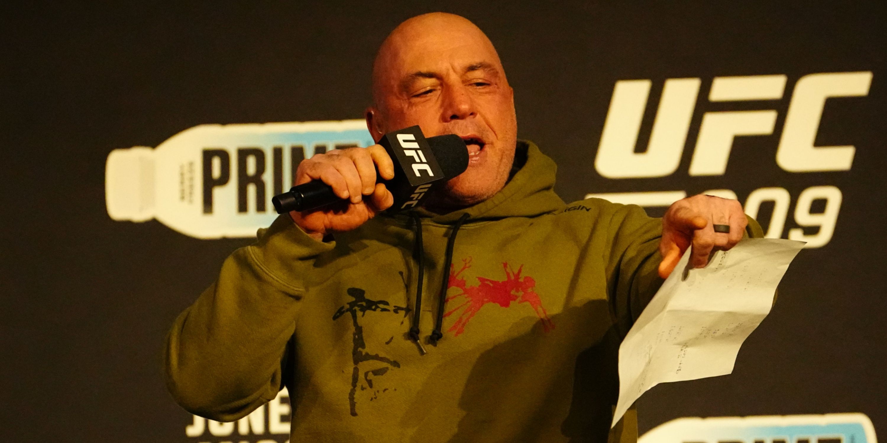 Joe Rogan speaking at the ceremonial weigh-ins for UFC309 