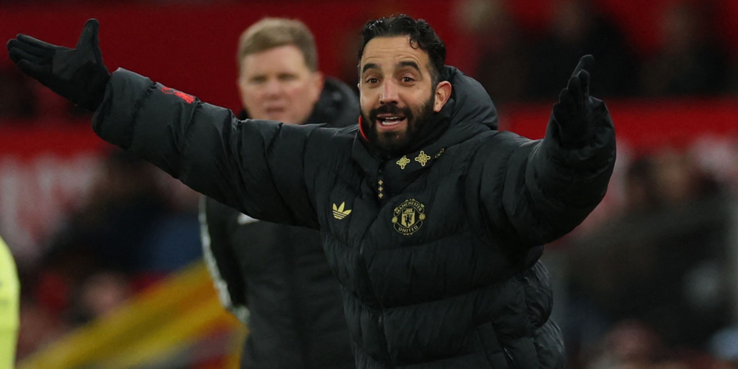 Manchester United manager Ruben Amorim holds his hands up