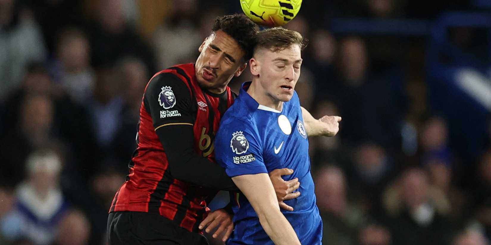 Bournemouth's James Hill challenges Chelsea's Liam Delap for a header