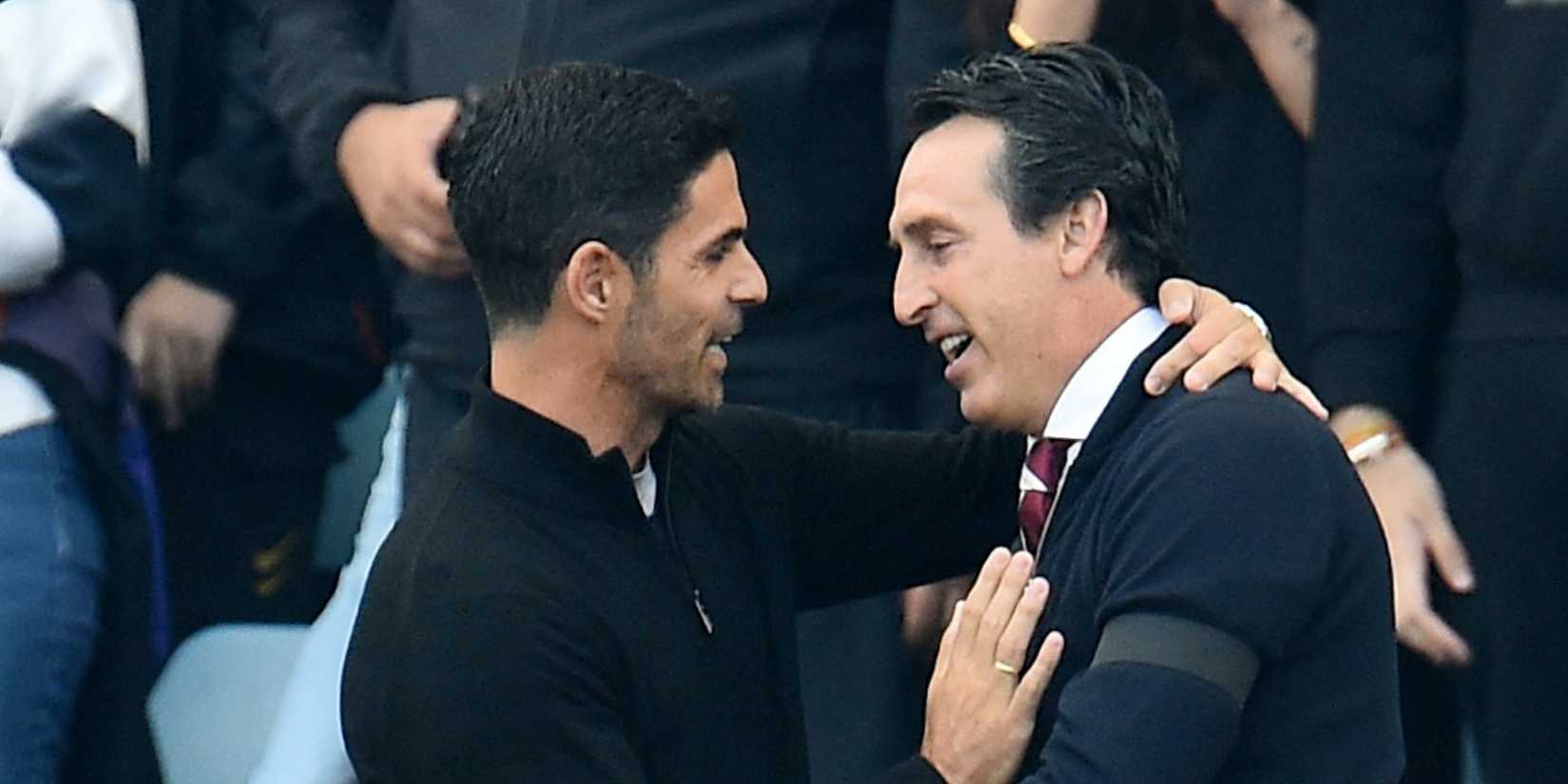  Arsenal manager Mikel Arteta embraces Aston Villa manager Unai Emery