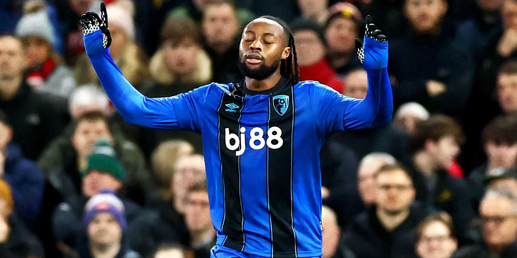 Antoine Semenyo celebrates scoring against Manchester United