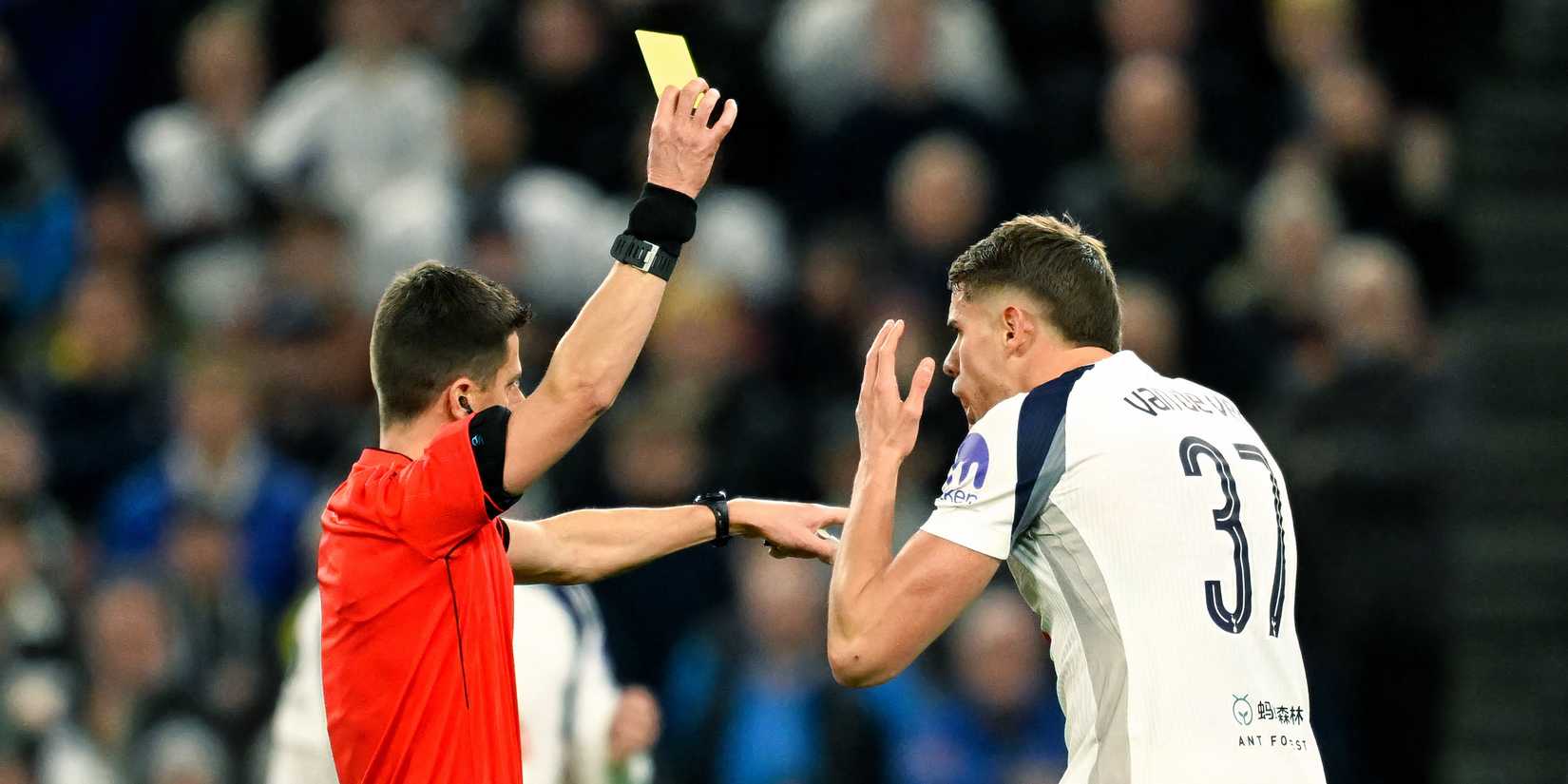 Micky Van De Ven is yellow carded for Tottenham vs Slavia Prague