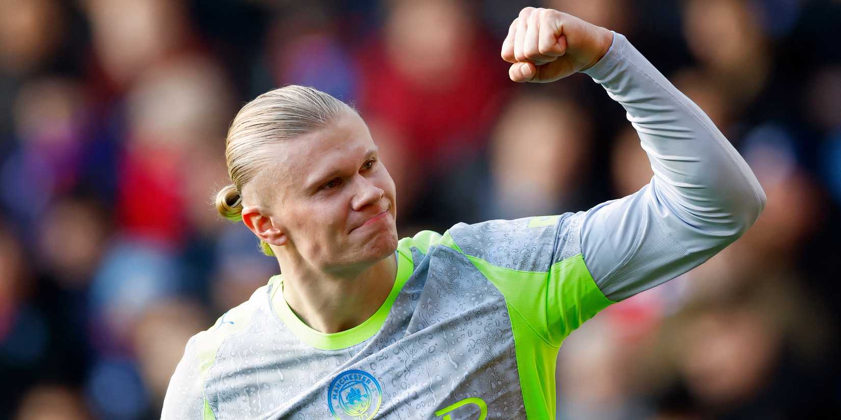 Erling Haaland celebrates scoring for Man City
