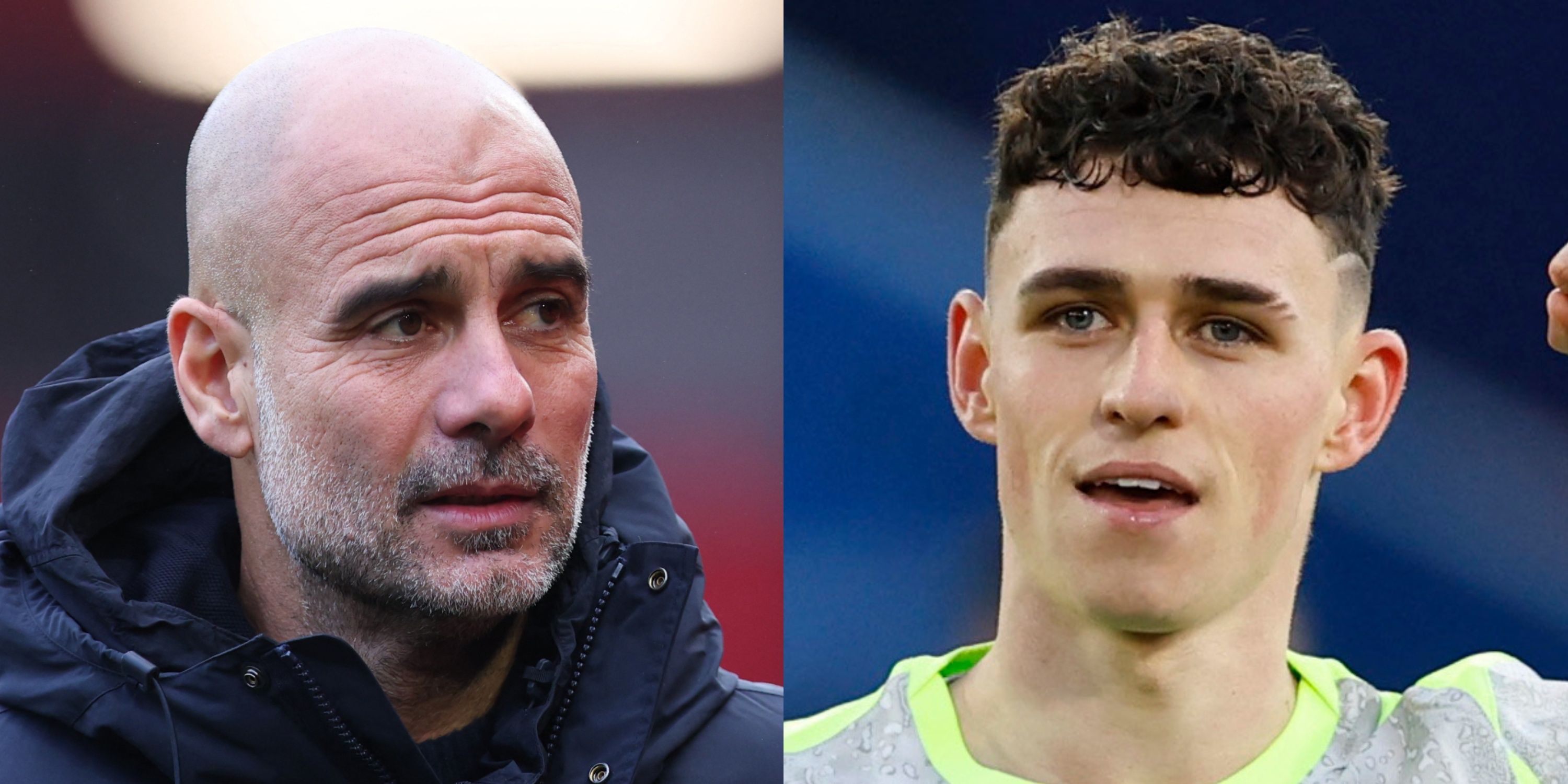 Manchester City's Pep Guardiola and Phil Foden look on