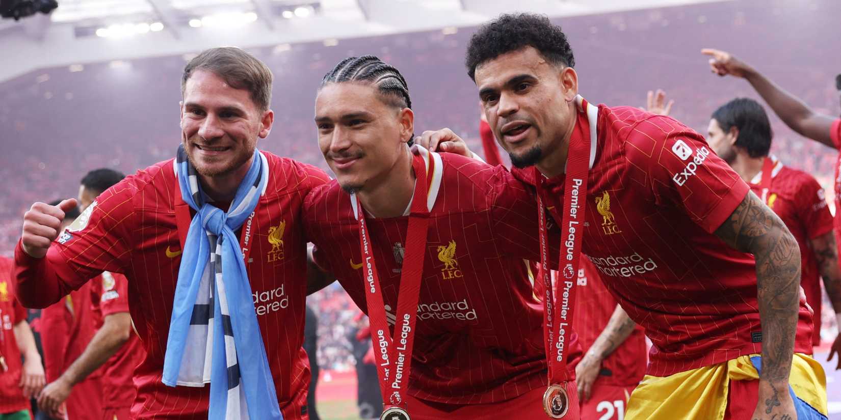 Liverpool's Alexis Mac Allister, Darwin Nunez and Luis Diaz celebrate with the trophy after winning the Premier League