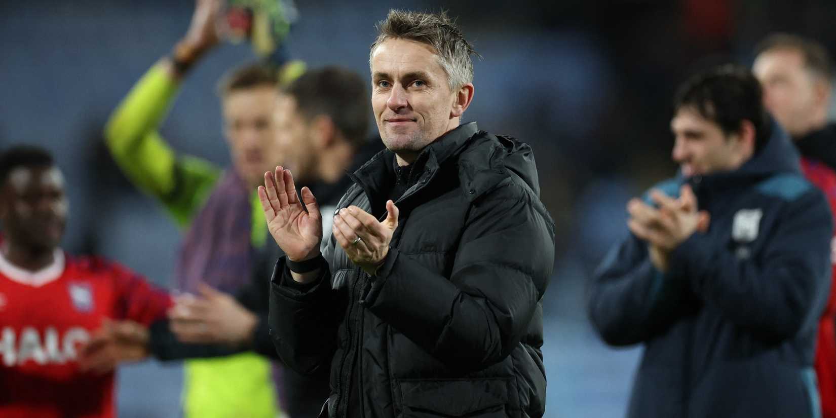 Ipswich Town manager Kieran McKenna celebrates after beating Coventry