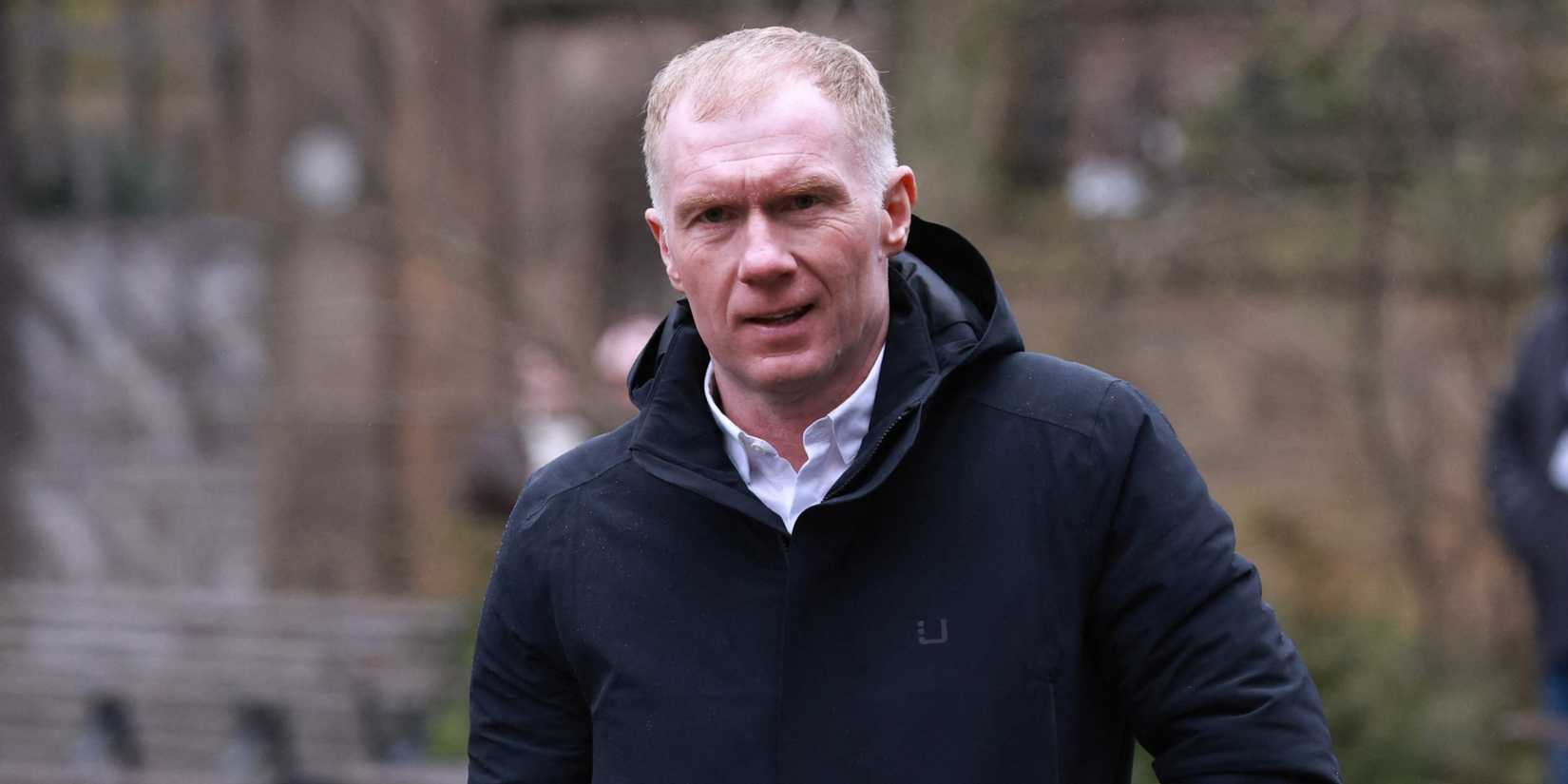 Paul Scholes arrives to attend the funeral of Denis Law