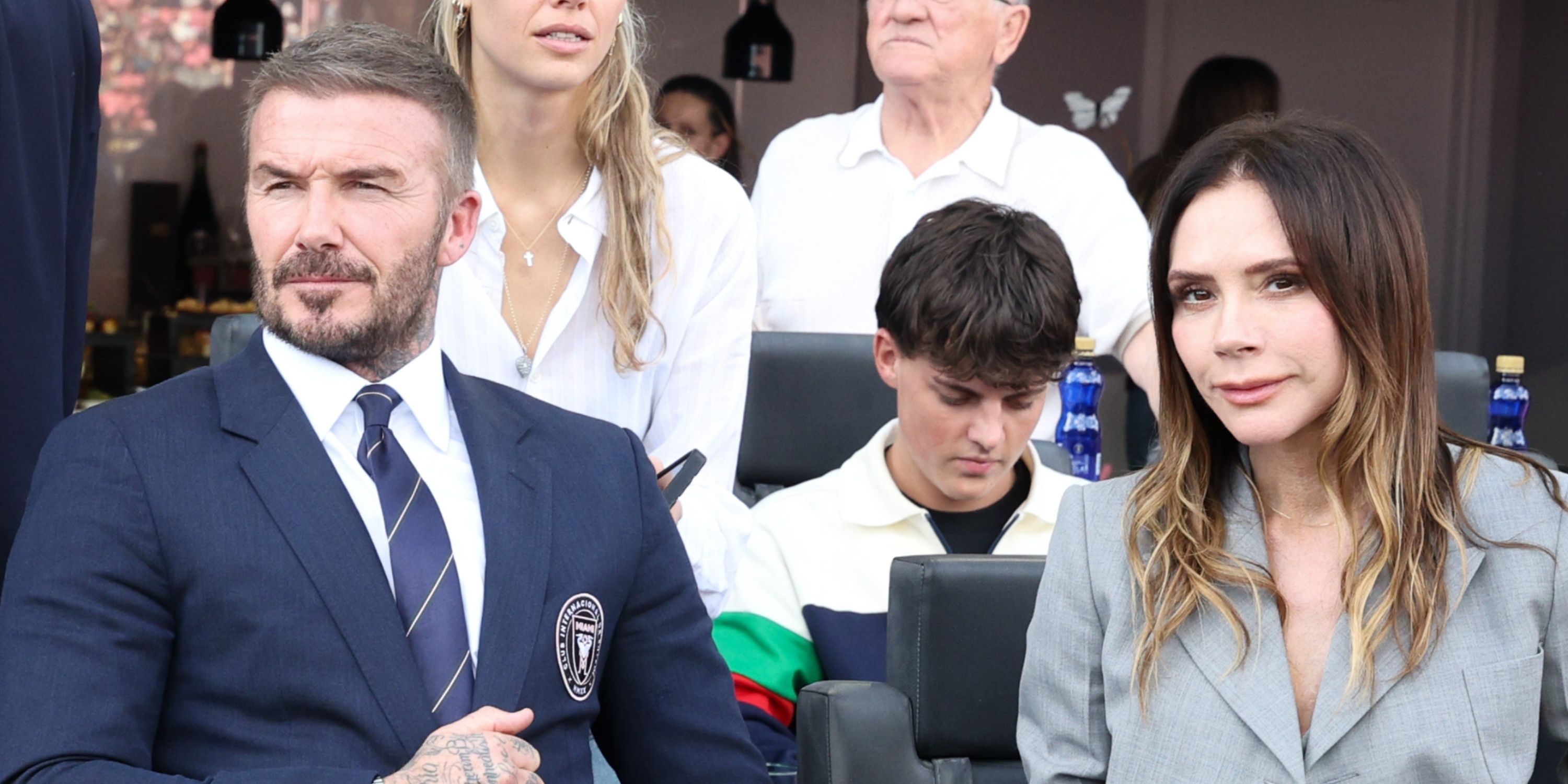 David Beckham and wife, Victoria Beckham, look on prior to the 2025 MLS Cup against the Vancouver Whitecaps at Chase Stadium