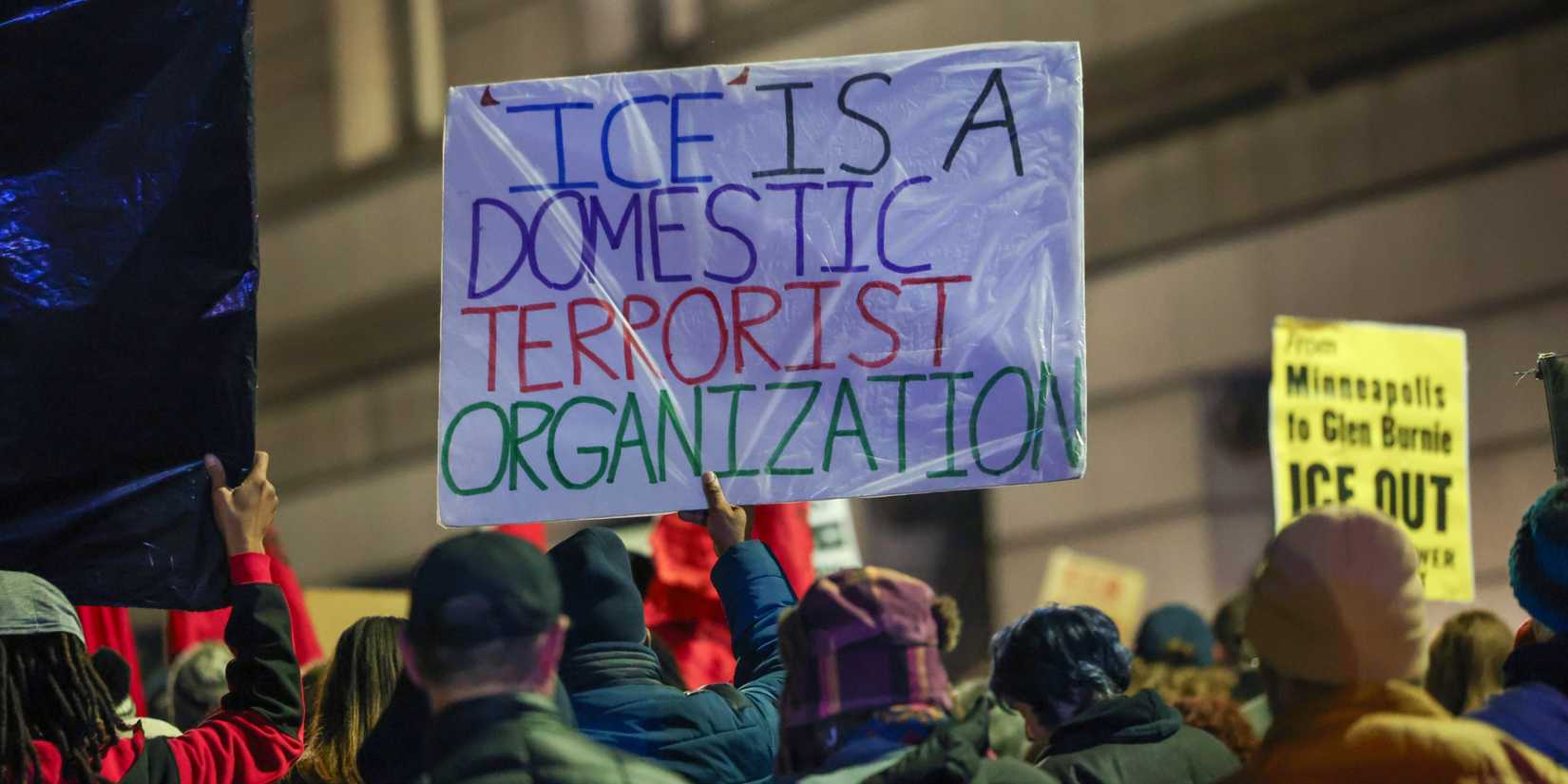 Protesters gather outside the Baltimore ICE Field Office in Baltimore, Maryland, to protest U.S. Immigration and Customs Enforcement after Renee Nicole Good was shot by an ICE officer in Minneapolis.