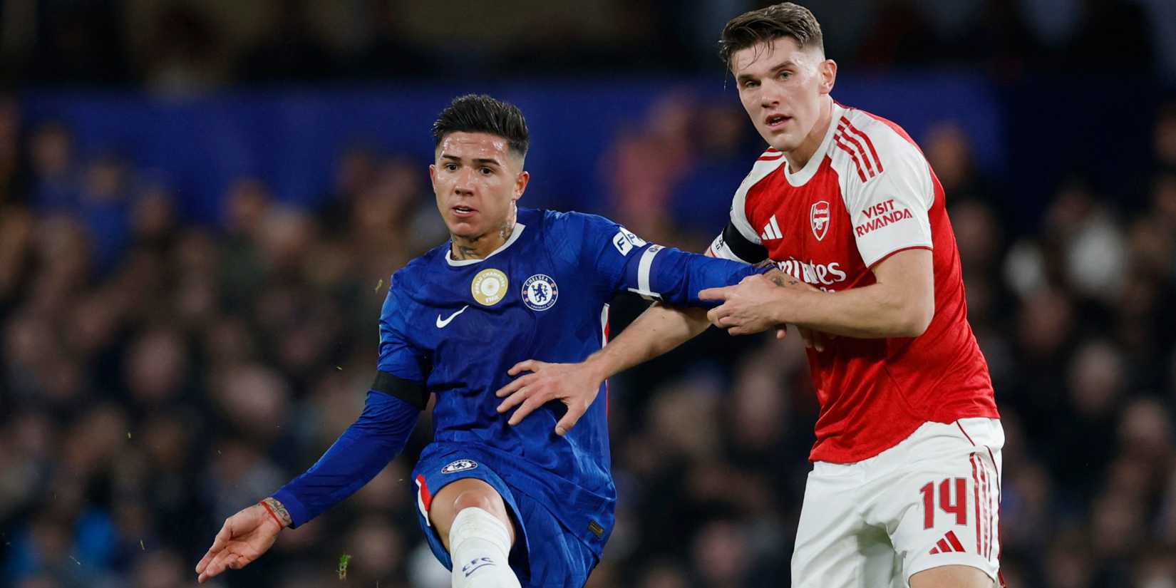 Chelsea's Enzo Fernandez in action with Arsenal's Viktor Gyokeres