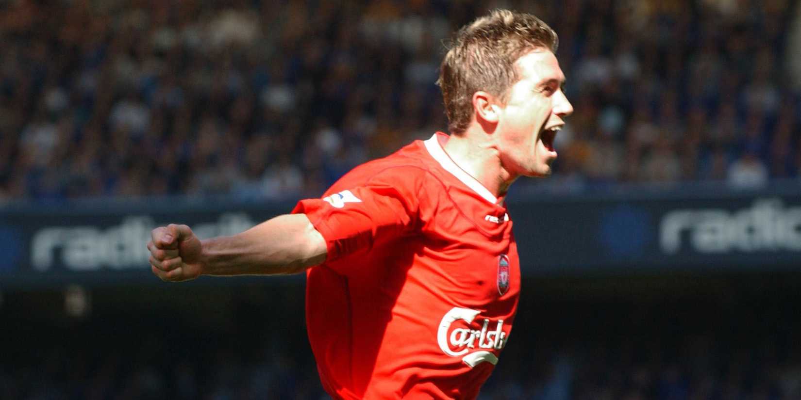 Harry Kewell celebrates after he scores Liverpool's 3rd goal against Everton