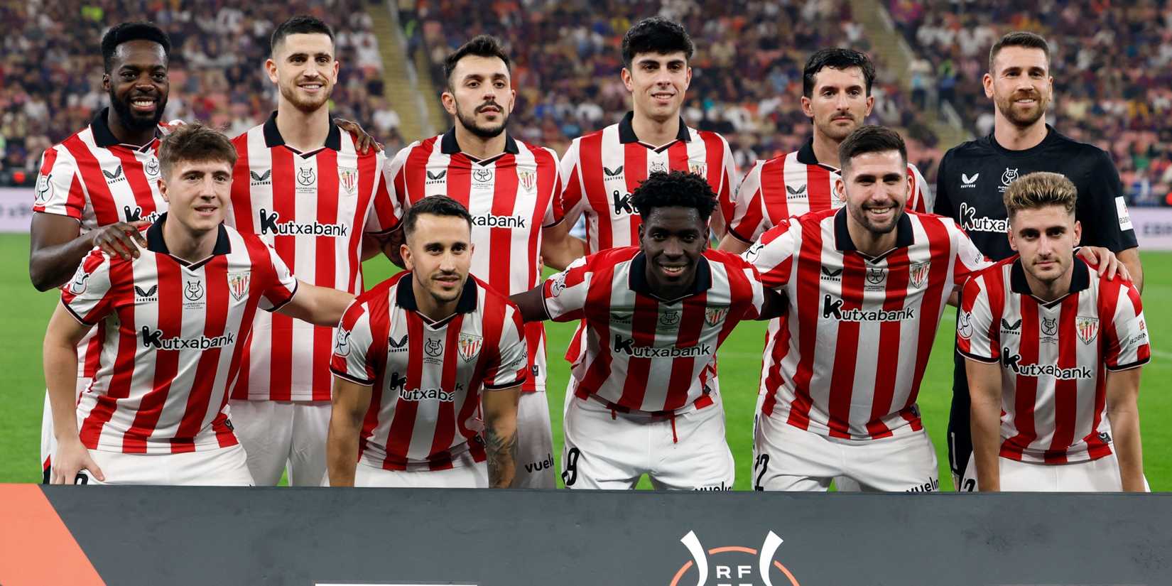Athletic Bilbao players pose for a team group photo before playing Barcelona