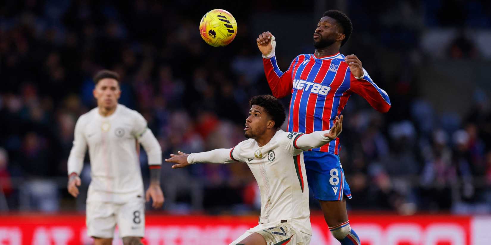 Crystal Palace's Jefferson Lerma in action with Chelsea's Andrey Santos
