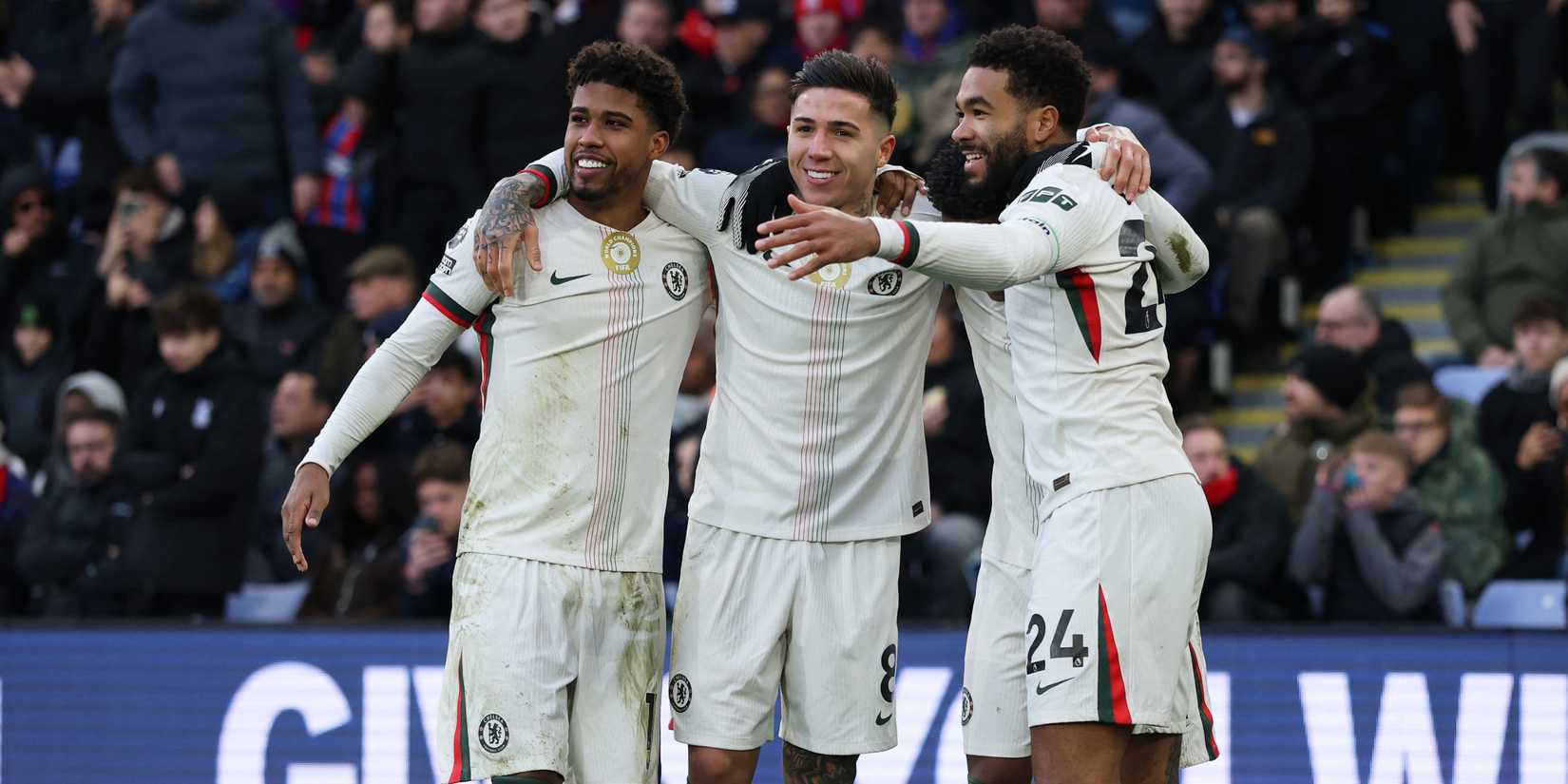Chelsea's Andrey Santos (L) celebrates with Enzo Fernandez and Reece James