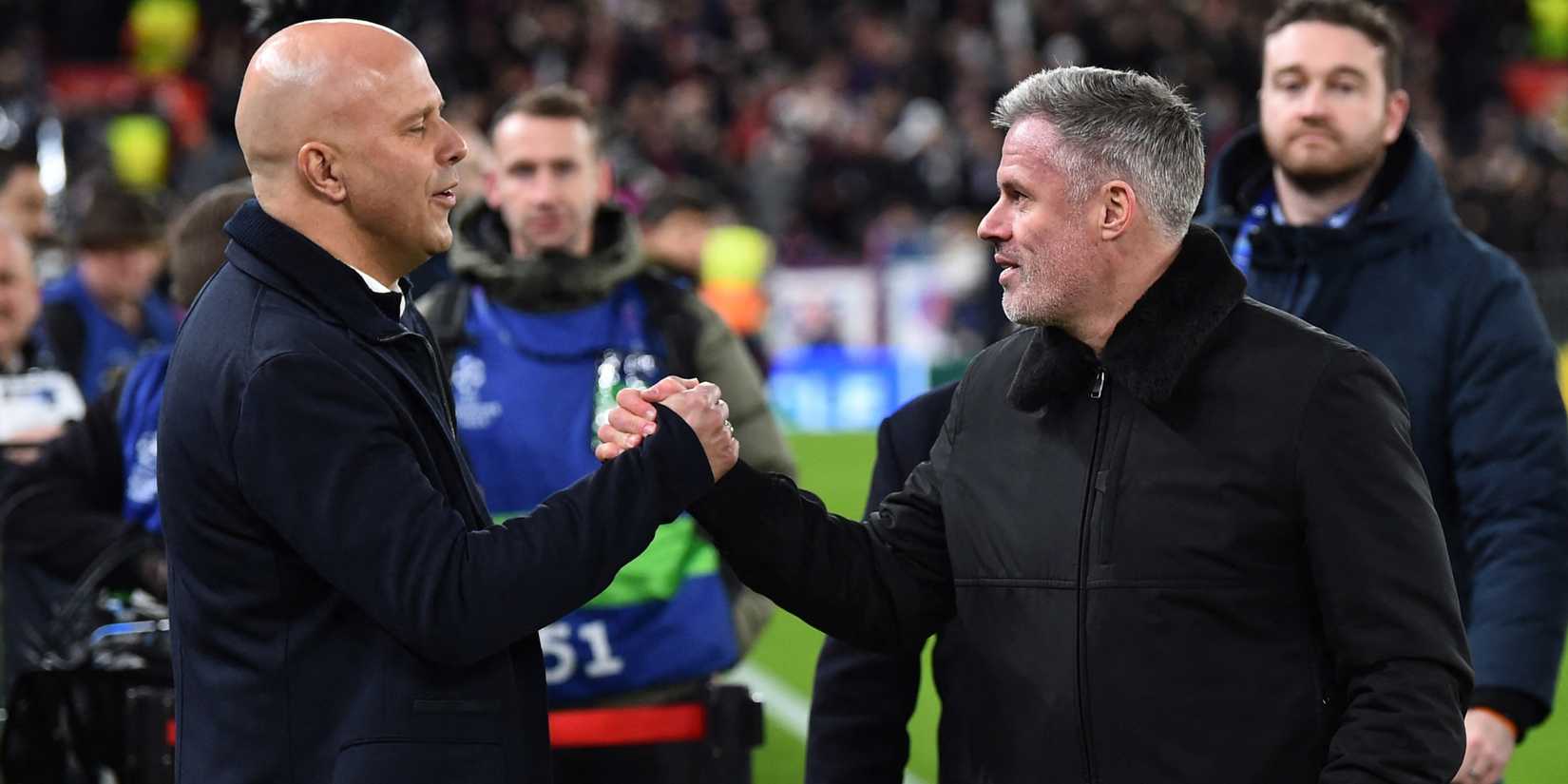 Liverpool manager Arne Slot shakes hands with TV pundit and former player Jamie Carragher