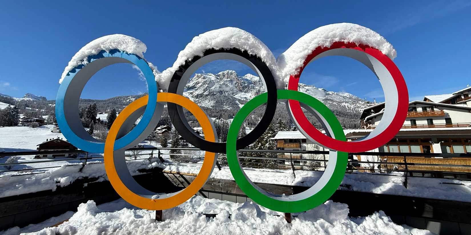 General view of the Olympic rings covered in snow ahead of the Milano Cortina 2026 Winter Olympics