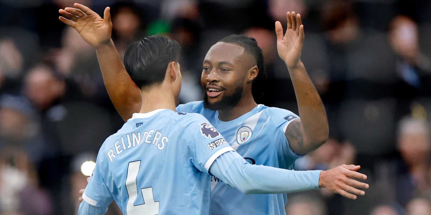 Manchester City's Antoine Semenyo celebrates with Tijjani Reijnders