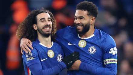 Chelsea's Reece James and Chelsea's Marc Cucurella celebrate after the match