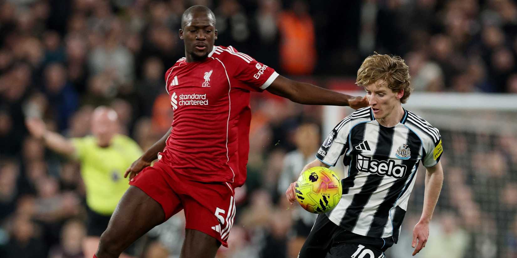 Liverpool's Ibrahima Konate in action with Newcastle United's Anthony Gordon