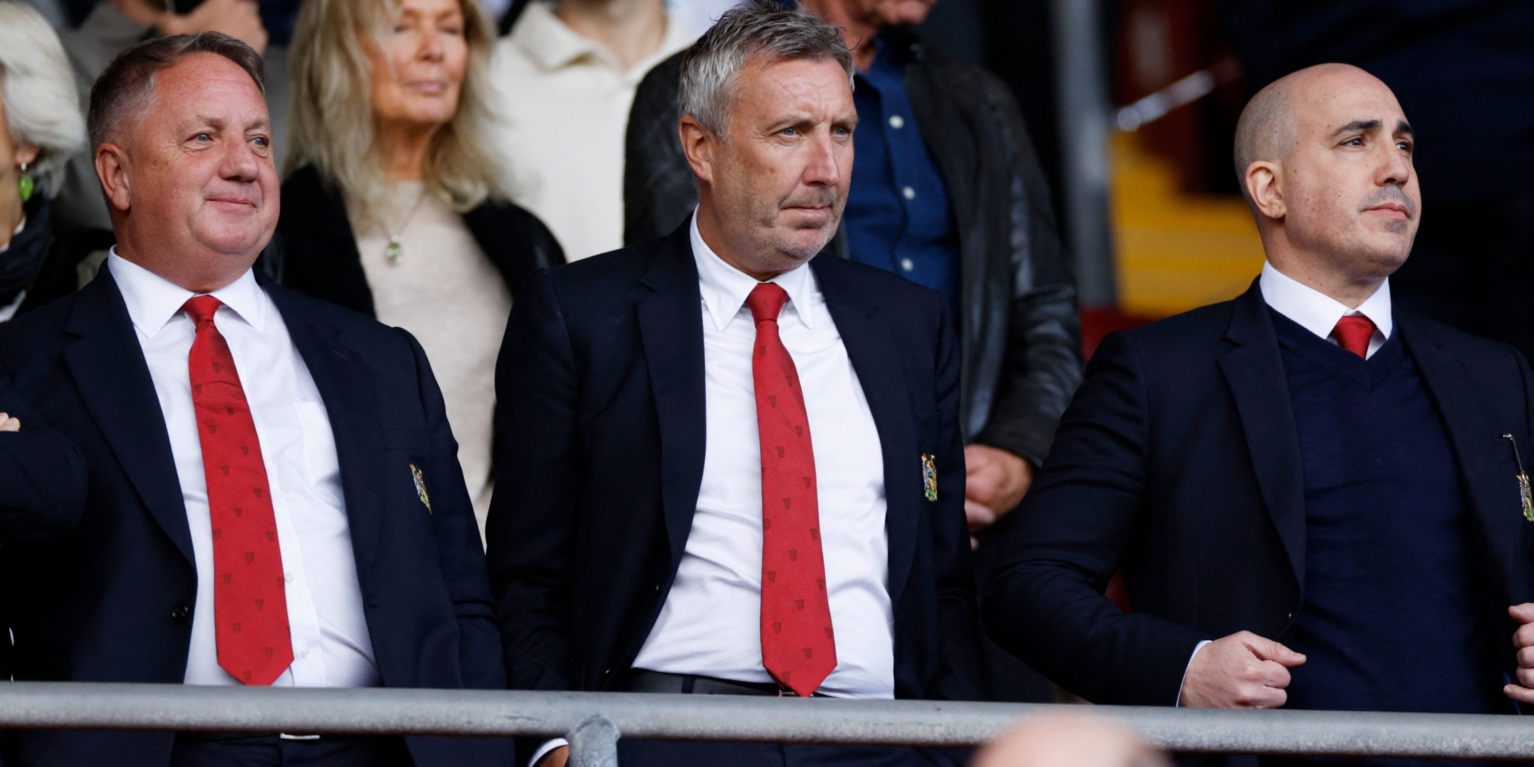 Manchester United senior officials Jason Wilcox and Omar Berrada look on