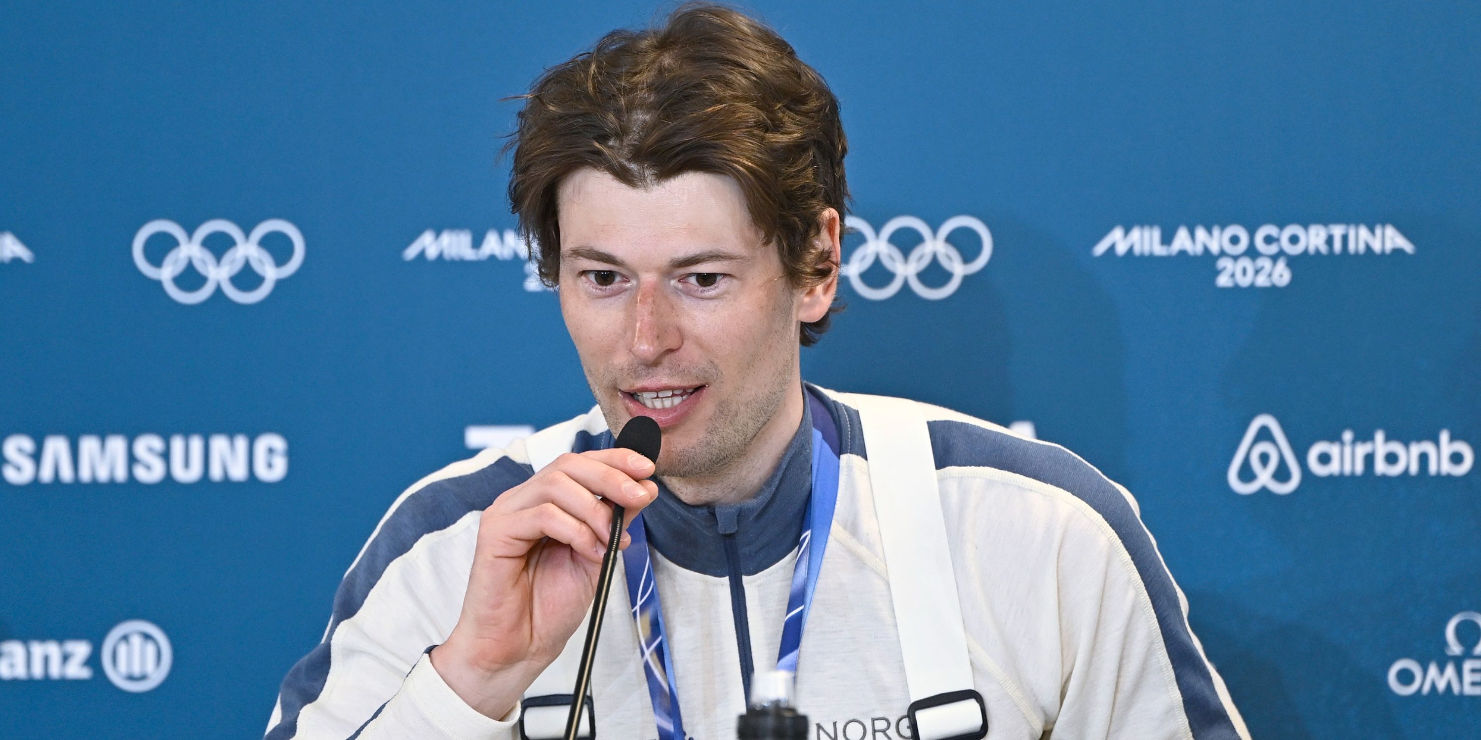 Bronze medalist Norway's Sturla Holm Laegreid speaks 