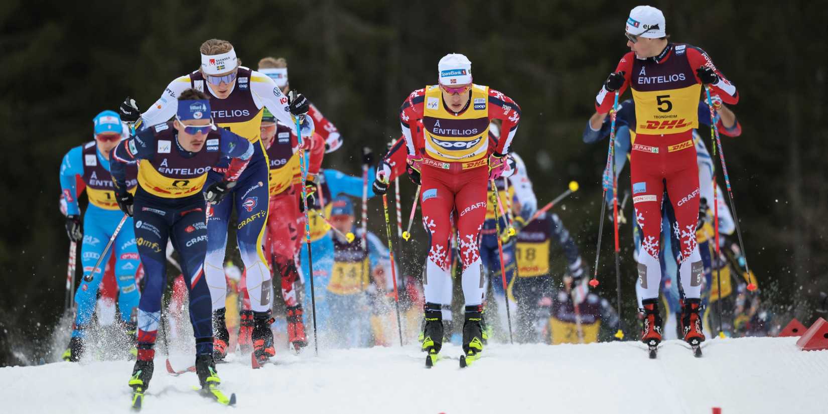 France's Mathis Desloghes, Norway's Johannes Hosflot Klaebo and Norway's Harald Ostberg Amundsen in action Geir Olsen