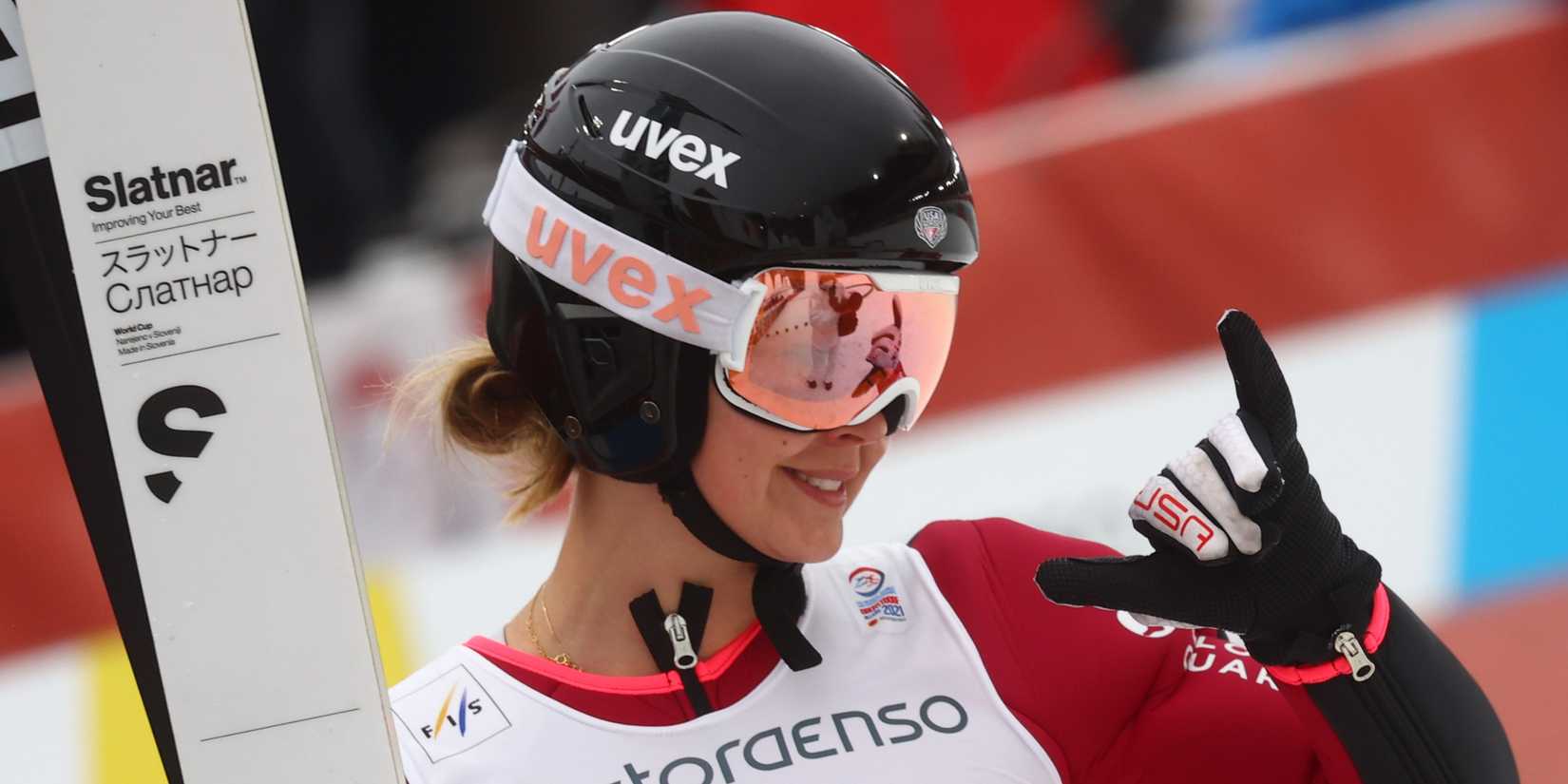 Annika Malacinski of the U.S. reacts during the women's nordic combined HS 106 ski jumping competition