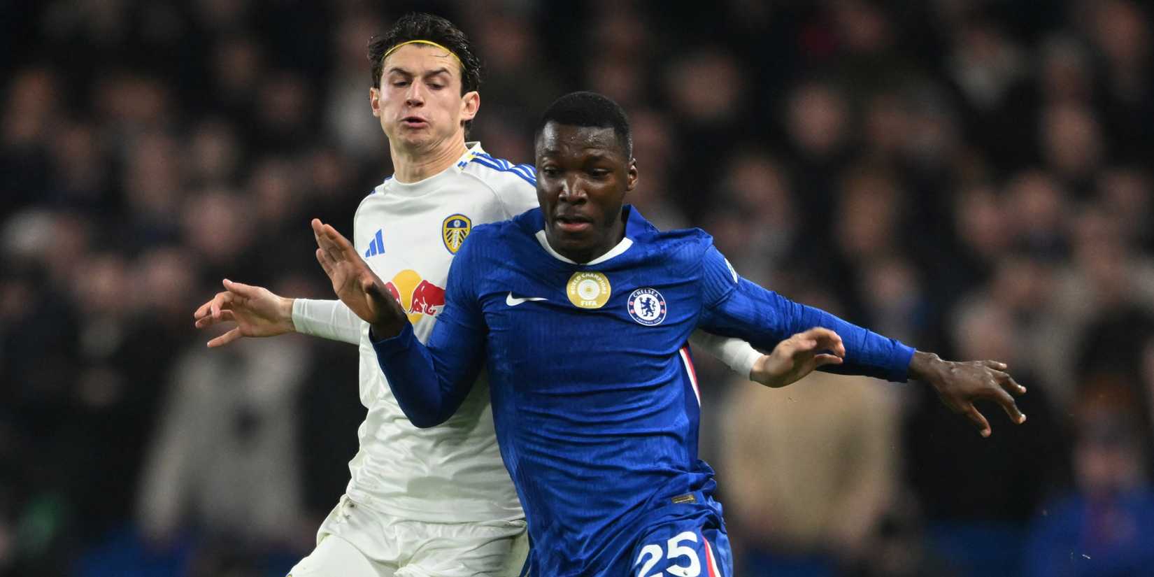 Chelsea's Moises Caicedo in action with Leeds United's Brenden Aaronson