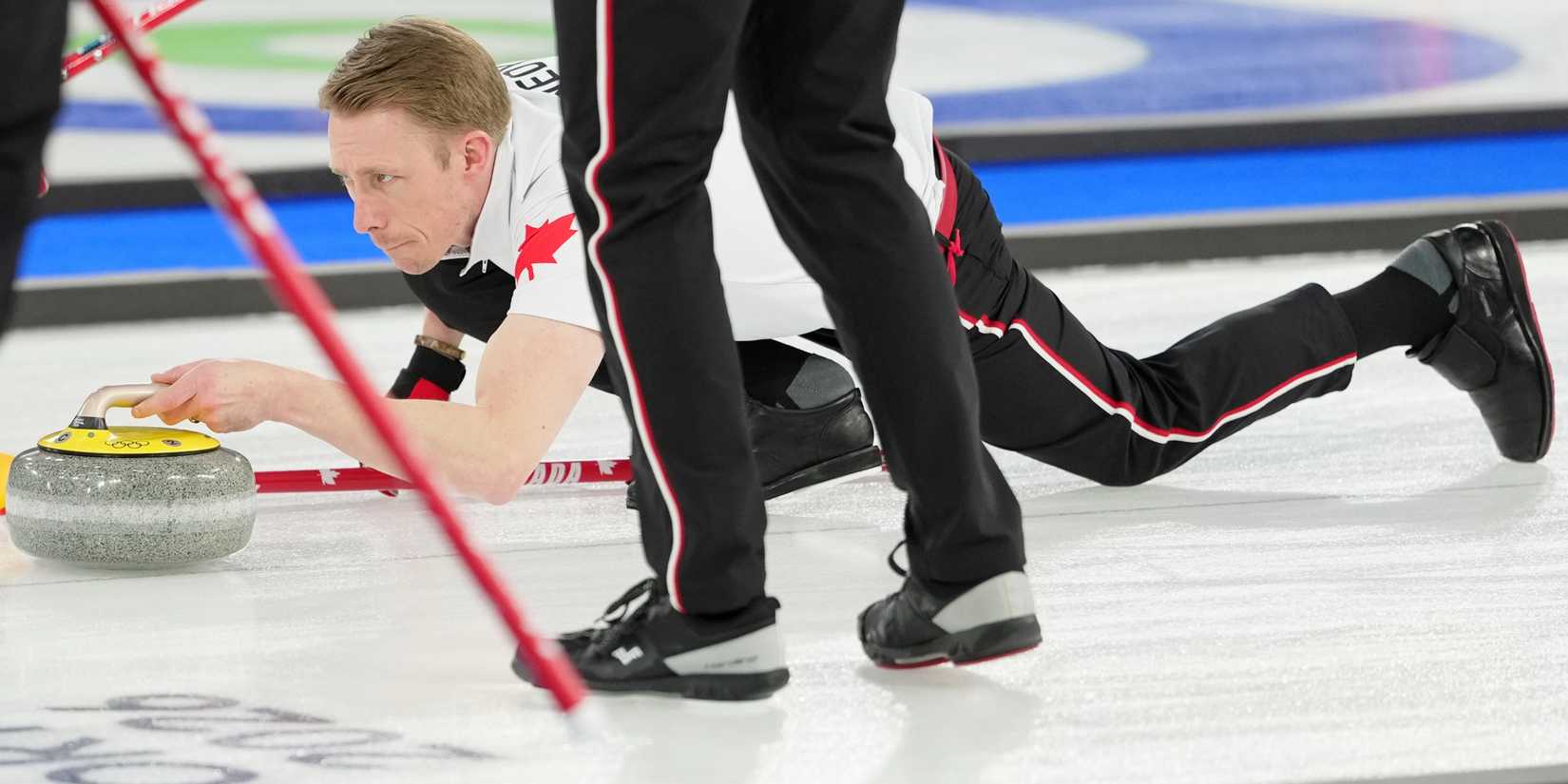 Marc Kennedy of Canada during a men's curling round robin game during the Milano Cortina 2026 Olympic Winter Games