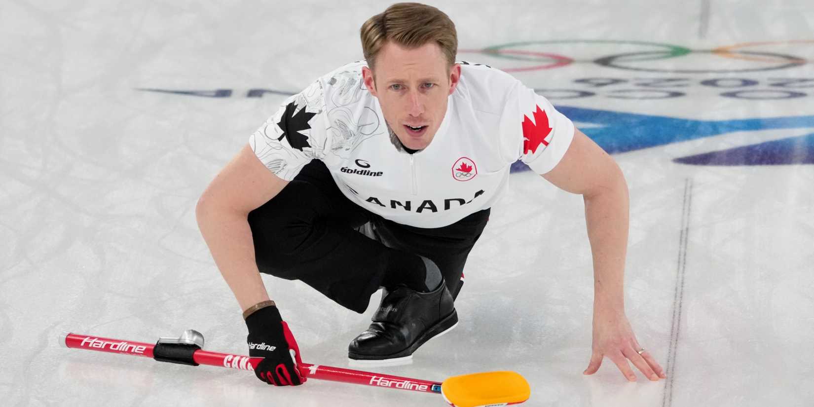 Marc Kennedy of Canada looks on during a men's curling round robin game during the Milano Cortina 2026 Olympic Winter Games