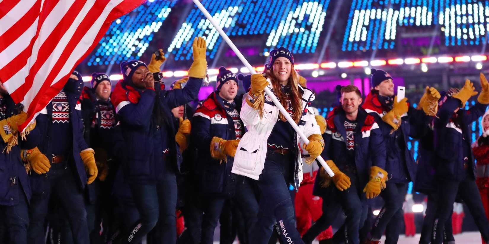 Erin Hamlin leads the delegation from the United States during the opening ceremony for the Pyeongchang 2018 Olympic Winter Games