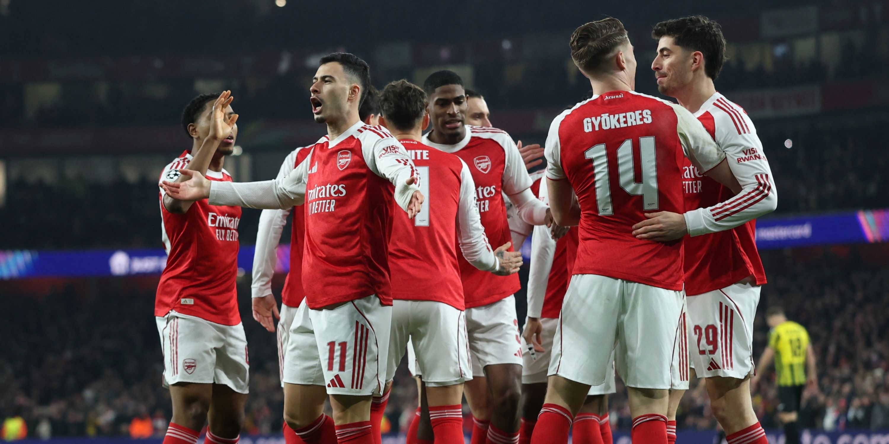 Arsenal's Viktor Gyokeres celebrates scoring their first goal with teammates