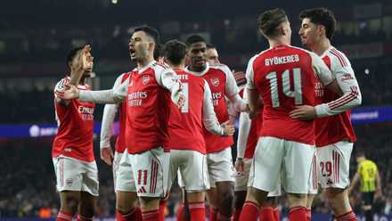 Arsenal's Viktor Gyokeres celebrates scoring their first goal with teammates