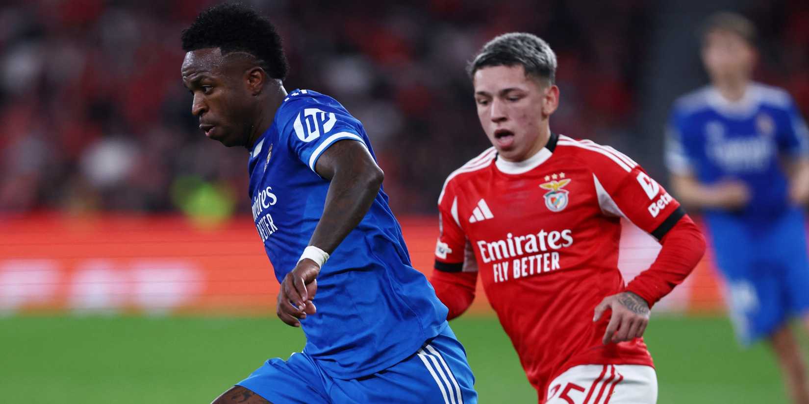 Benfica's Gianluca Prestianni in action with Real Madrid's Vinicius Junior