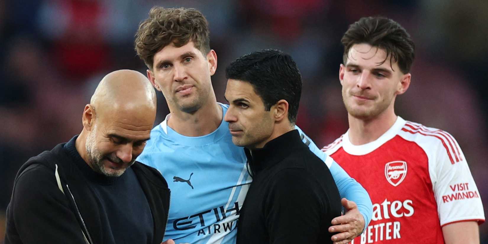 Man City's Pep Guardiola and John Stones, and Arsenal's Mikel Arteta and Declan Rice