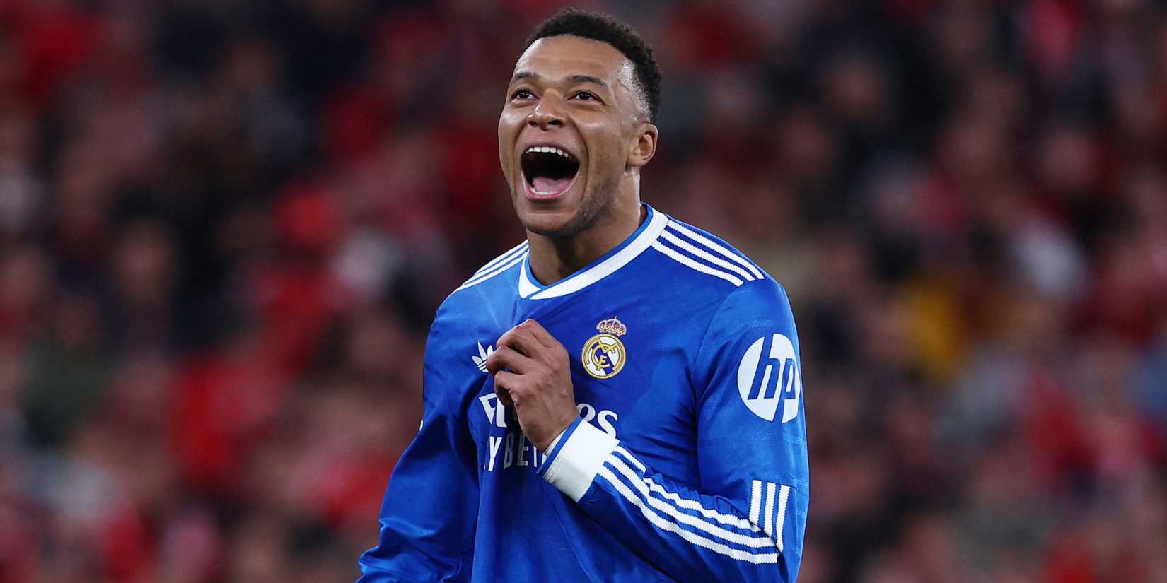 Real Madrid's Kylian Mbappe shouting vs Benfica