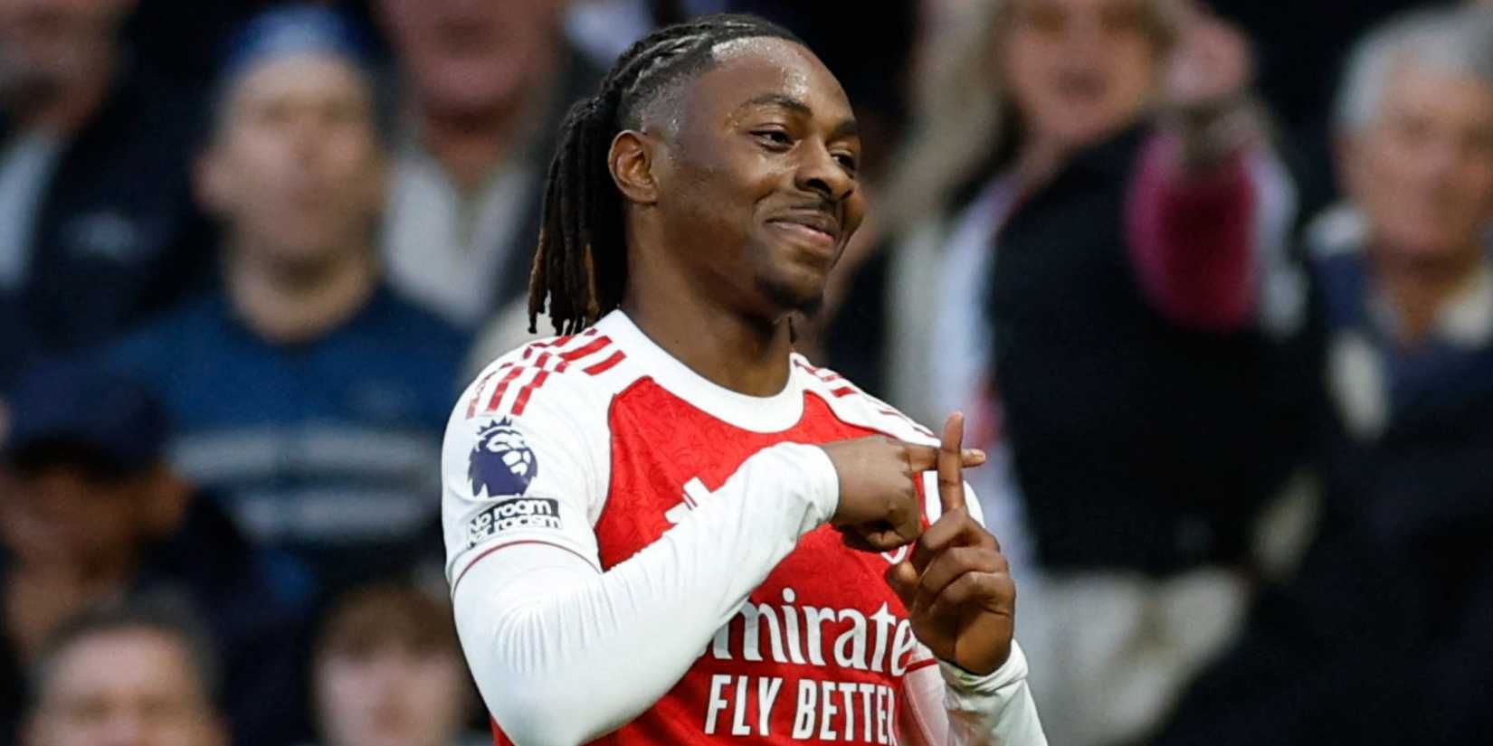 Arsenal's Eberechi Eze celebrates scoring vs Tottenham
