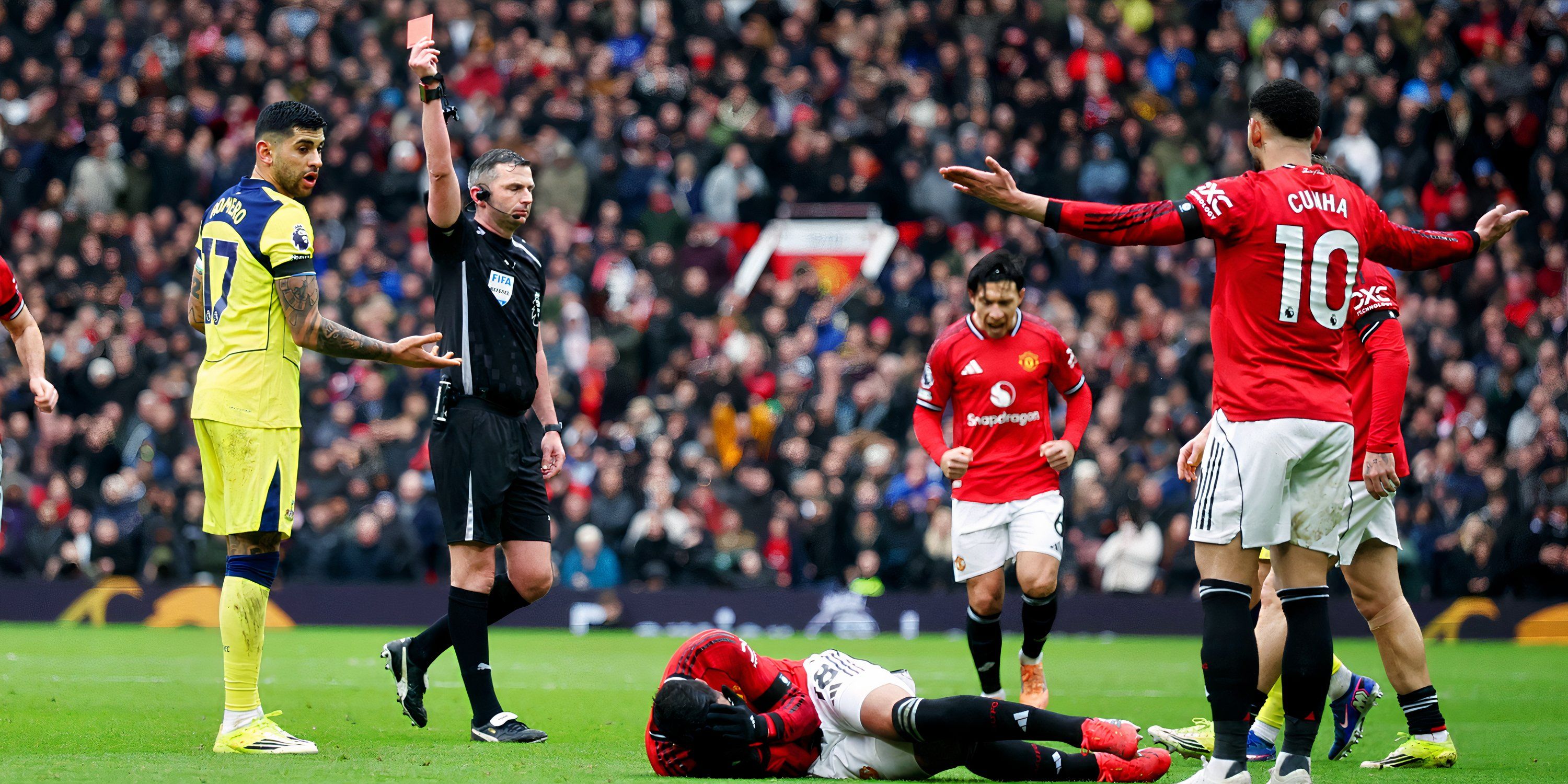 Cristian Romero is sent off for Tottenham against Manchester United
